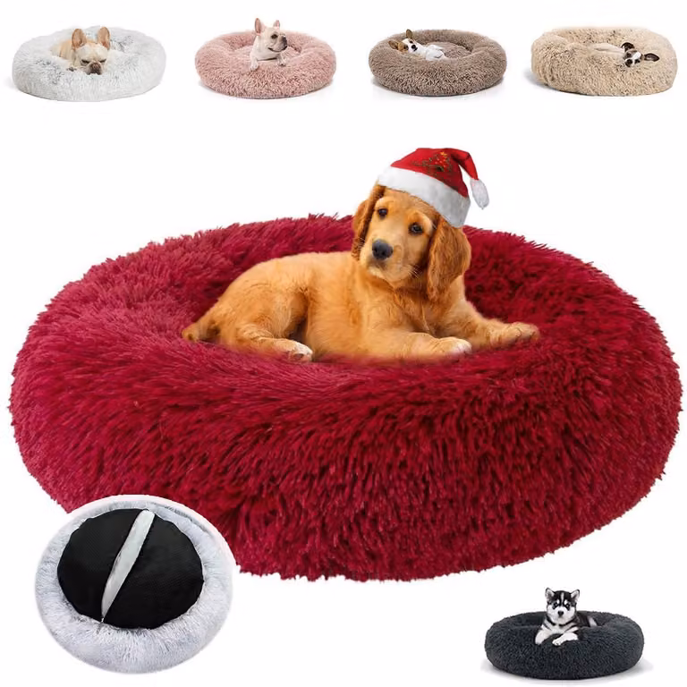 Cuccia per cani a forma di ciambella, in peluche, lavabile, colore rosso, dimensioni L: 50x50x20 cm