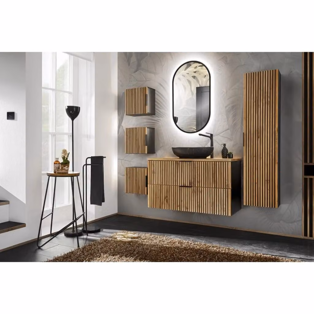 Set KINOKO Meublorama: mobile sottolavabo in rovere con lavabo nero da appoggio, specchio con illuminazione LED e mobili di contenimento per bagno moderno – 2