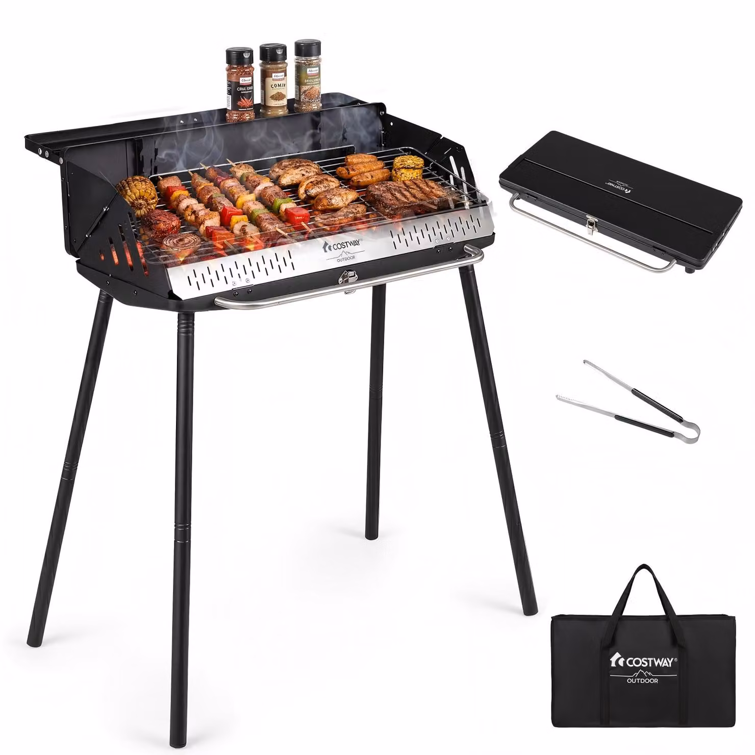 Barbecue a carbone KOMFOTTEU, griglia in acciaio inossidabile a 2 livelli con borsa portaoggetti. Griglia pieghevole con gambe di supporto, regolabile in altezza, dimensioni 81 x 48 x 84 cm. Include pinza per barbecue, ideale per campeggio e feste all'ape