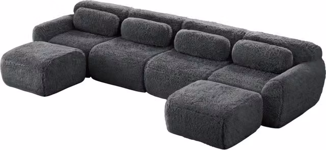 Divano modulare a forma di U in tessuto plush grigio, senza montaggio, con base antiscivolo e cuscini, per soggiorno