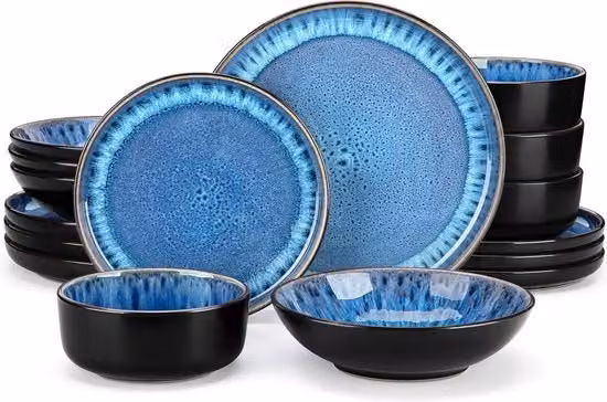 Set da tavola - 12 pezzi - Set di piatti da dessert con finitura lucida - Stile mediterraneo con 4PCS Tavolo da pranzo/Tavolo da dessert/Ciotola per zuppa/Ciotola - Blu
