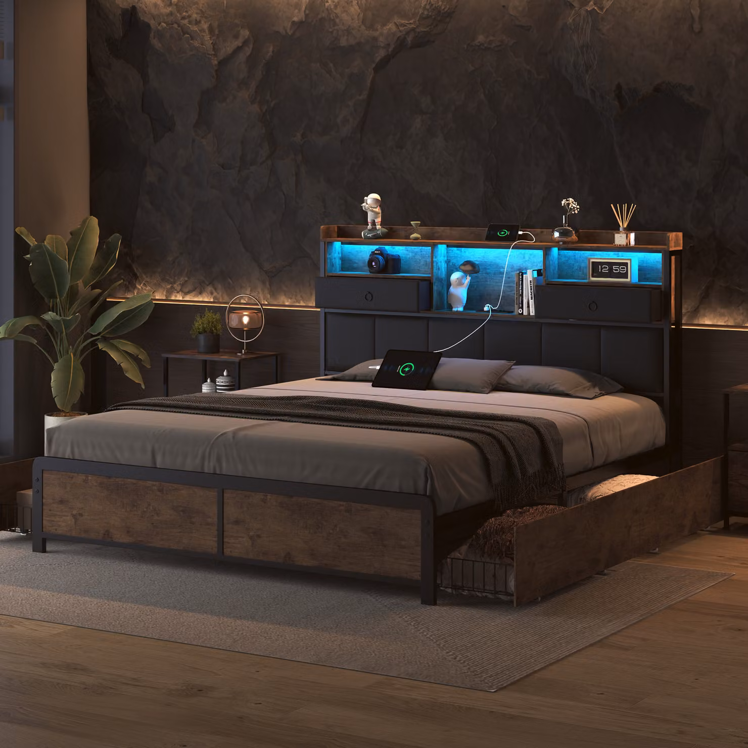 Letto in metallo letto matrimoniale imbottito 140x200cm, letto matrimoniale con USB e 4 cassetti, letto contenitore letto giovanile con rete a doghe e led, letto funzionale letto in legno massiccio, PU