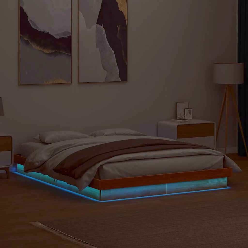 Giroletto vidaXL in legno massello di pino con illuminazione LED e porta USB, Marrone Cera, L 150 x P 200 cm – 1