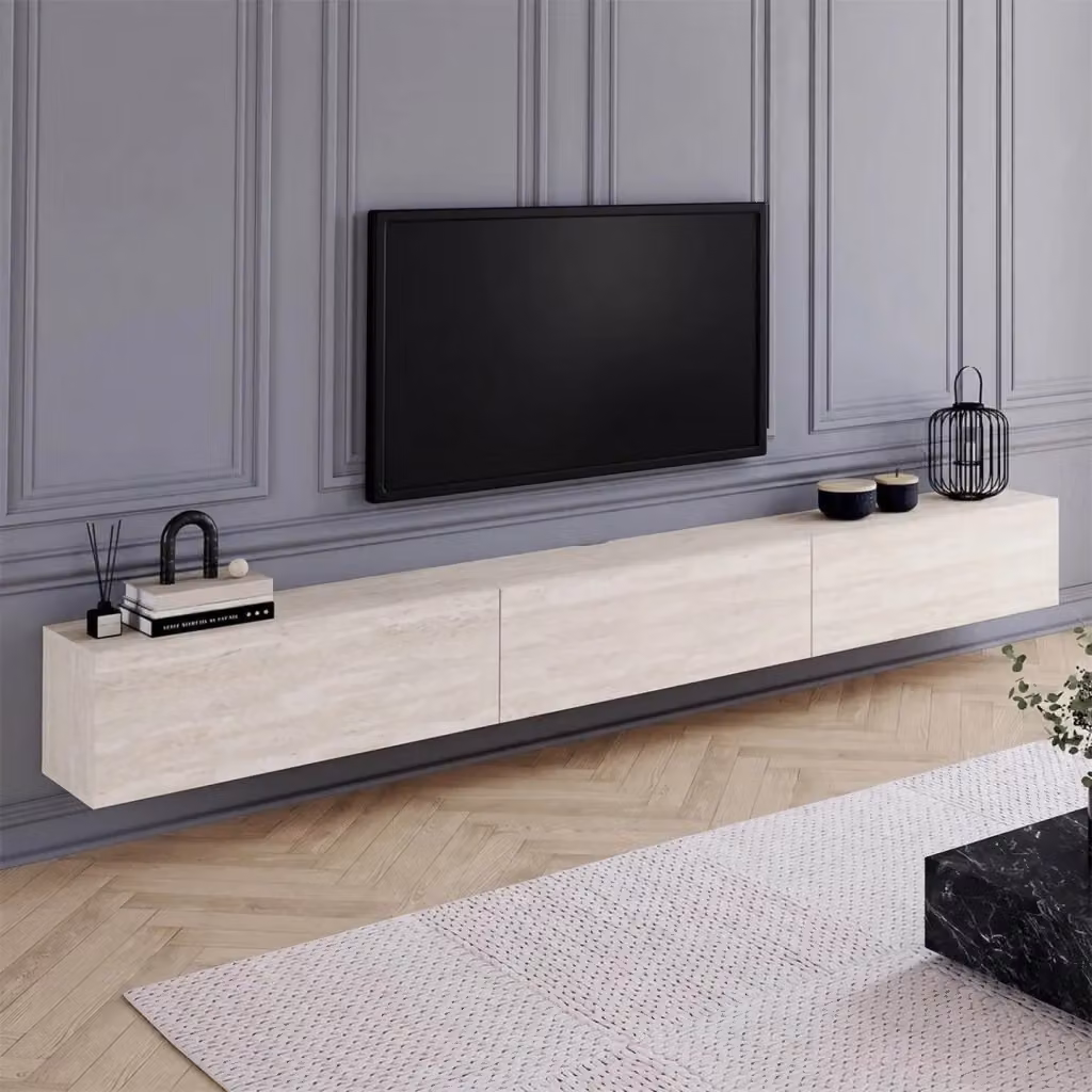 Mobile TV sospeso IDMarket ELIO con 3 ante, effetto travertino beige, L: 270 cm, P: 30 cm, H: 30 cm – 2