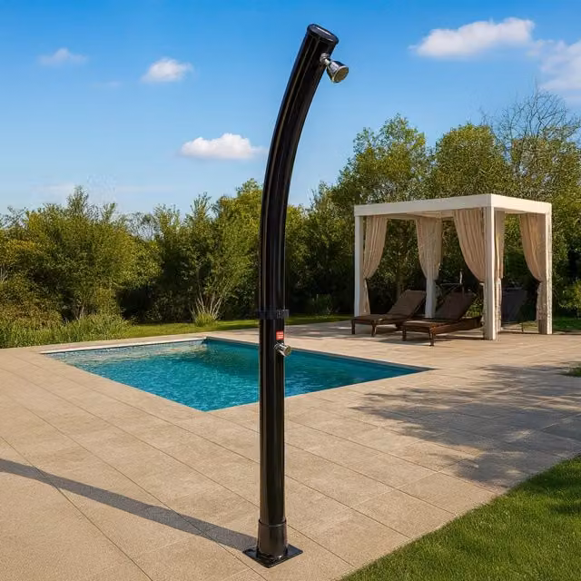Doccia Solare da Giardino MPC con Struttura in PVC Nero, Serbatoio da 18 Litri e Soffione Rotondo in ABS, Altezza: 211 cm