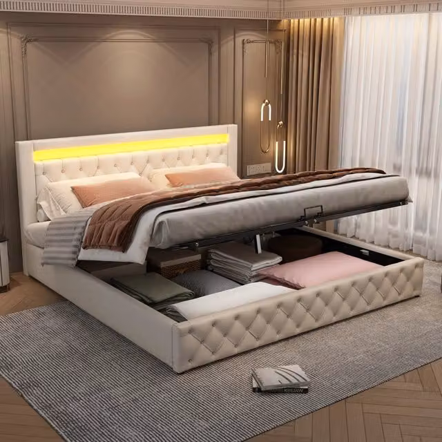 Letto imbottito matrimoniale 180x200 cm in PU con LED, rete a doghe e contenitore - Bianco