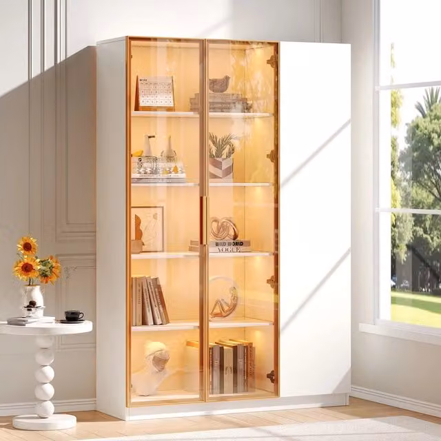 Vetrina per vini con illuminazione LED a colori regolabili - Zephmum - Vetrina a tre ante in vetro di sicurezza, bianca, altezza 165cm