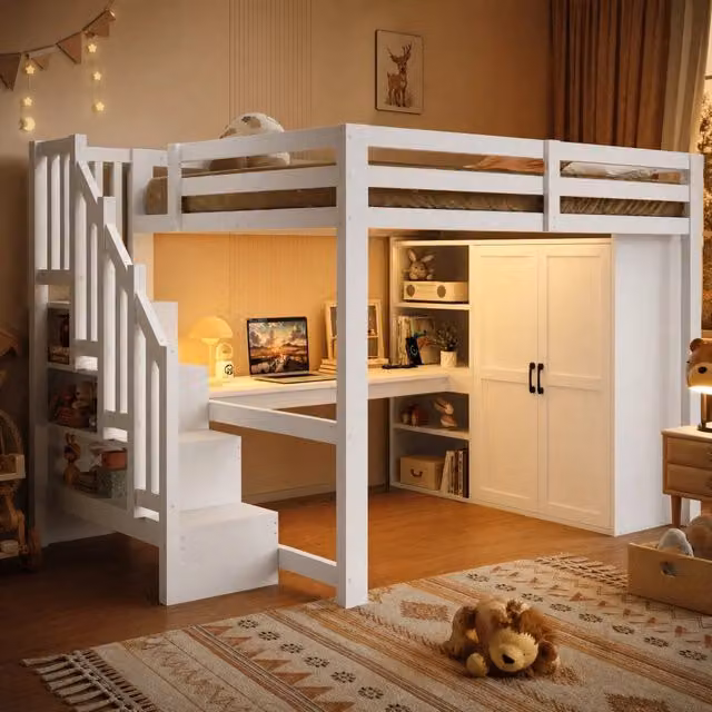 Letto a soppalco ULEVR 140x200 cm con scrivania, libreria, armadio e scala contenitore, bianco