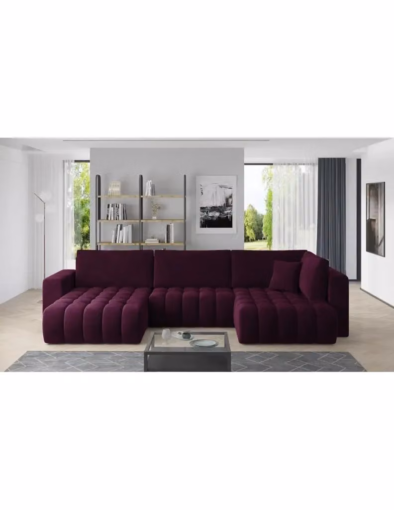 Divano angolare trasformabile BONITA MEUBLORAMA viola scuro effetto velluto, 6 posti, lato sinistro, L/P/H: 350 x 175 x 92 cm – 2