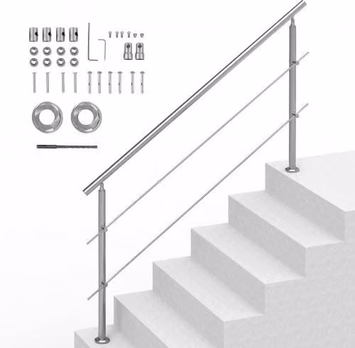 Kit Corrimano per Scale Esterni VEVOR in Acciaio Inox Argento con 2 Traverse da 180 cm