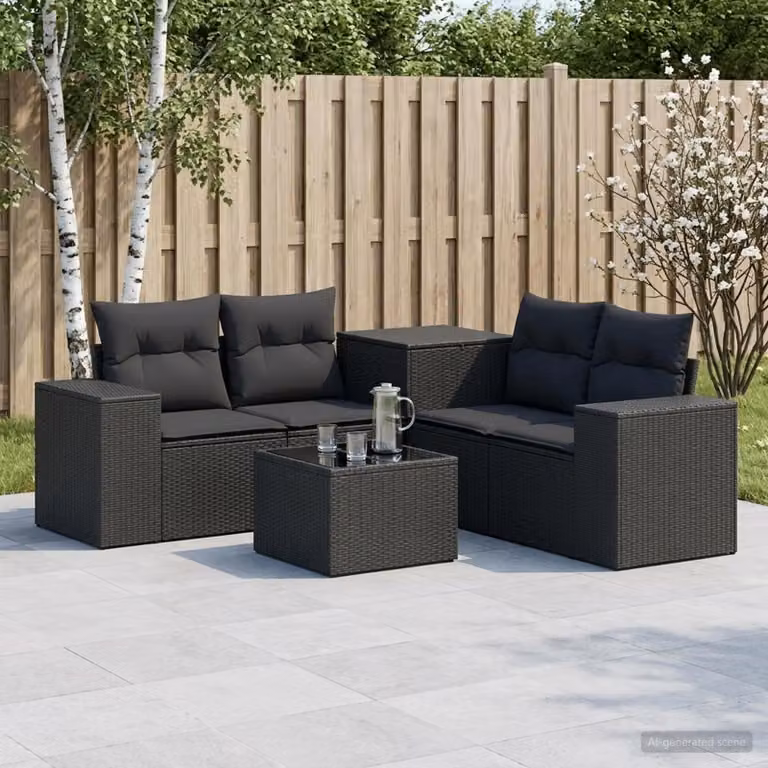 Set di divani da giardino vidaXL in polyrattan e metallo nero con cuscini inclusi