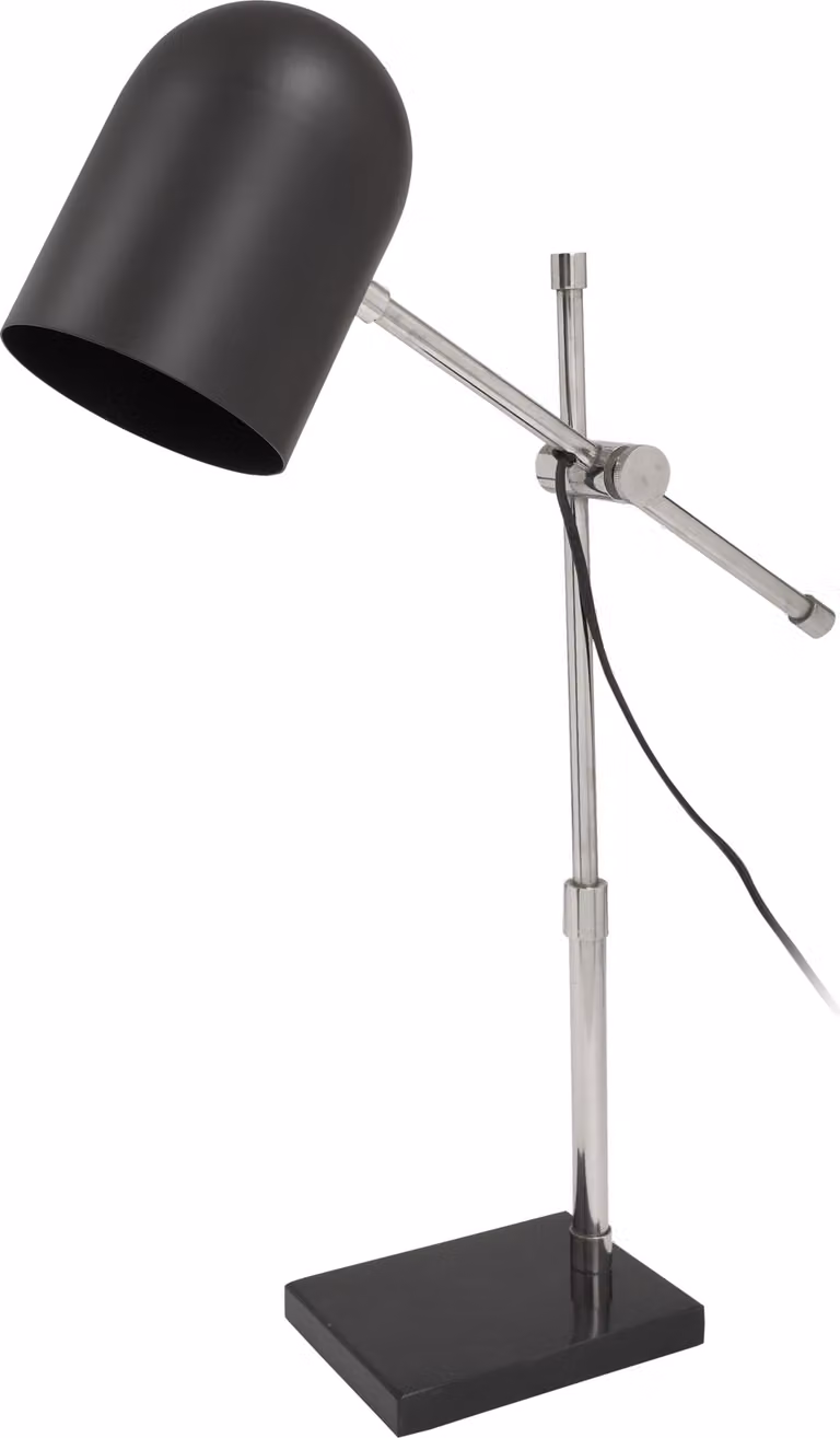 Lampada da tavolo Padiro, dimensioni 46 x 12 x 54 cm, colore nero e argento, realizzata in acciaio, con paralume cilindrico