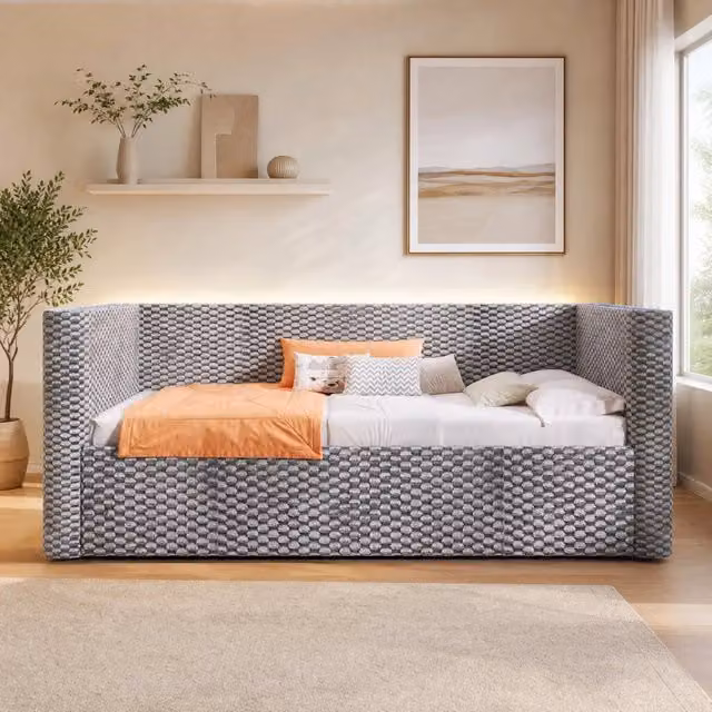Divano letto daybed MODFU in velluto grigio con illuminazione LED e contenitore idraulico L/P/H: 90 x 200 cm