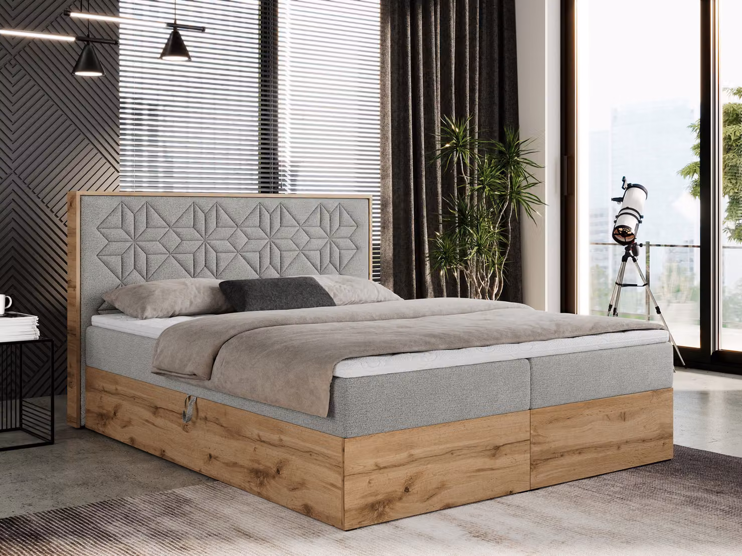 Letto boxspring 180x200 con contenitore, letto imbottito 180x200 con materasso H4, letto boxspring 180x200 con testiera, letto boxspring in legno massello - Nessi - Grigio chiaro testurizzato - H4