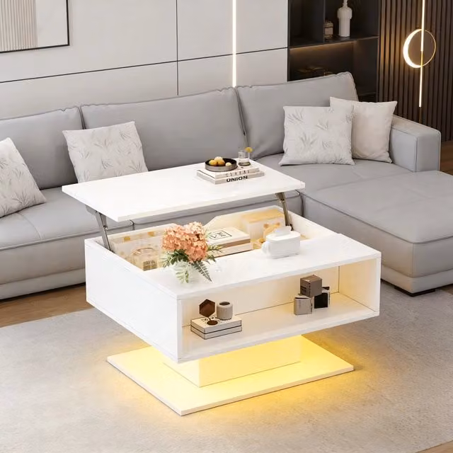 Tavolino basso sollevabile OKWISH moderno in MDF bianco lucido per soggiorno L: 75 cm, P: 40 cm, H: 40 cm