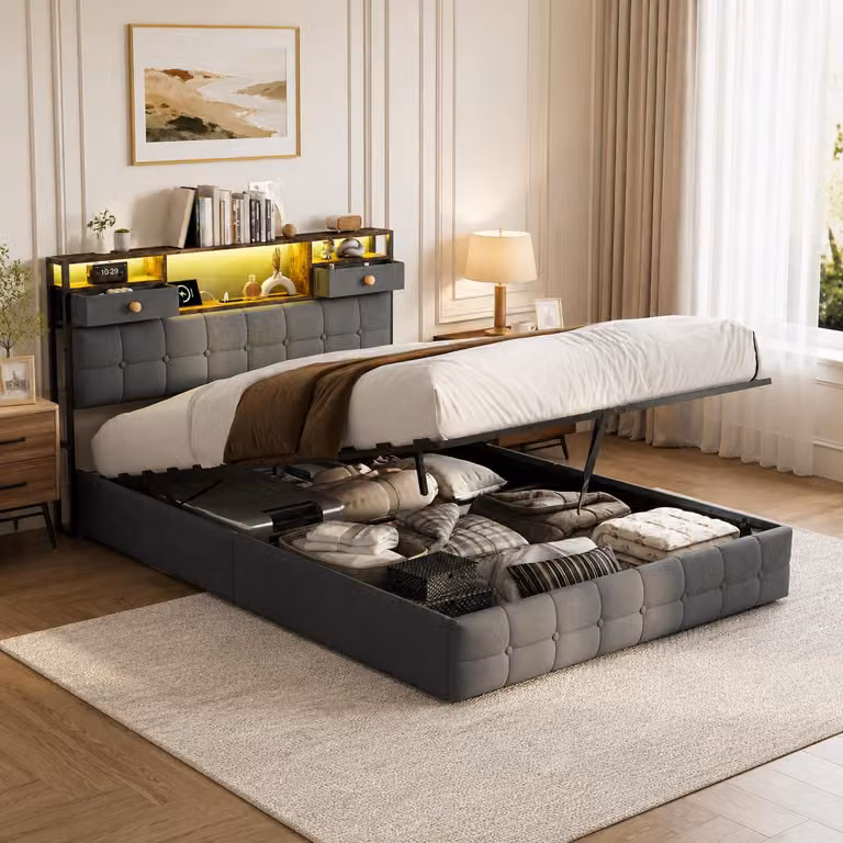 Letto imbottito INONEFT 140x200 con LED e USB, letto a molle con testiera dotata di 2 cassetti e scaffali aperti, letto per ragazzi con contenitore a sollevamento idraulico, colore grigio