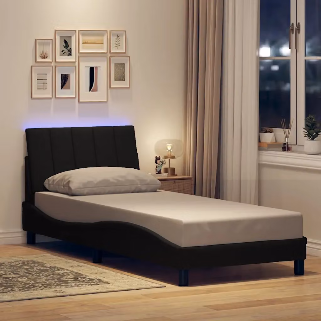 Letto singolo Hanko nero in tessuto con illuminazione sottostante e porta USB, L/P: 90 x 190 cm – 2