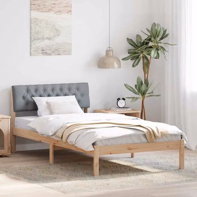 Struttura del letto moderna vidaXL in legno di pino e tessuto, marrone e grigio chiaro, L/P/H: 100 x 200 cm