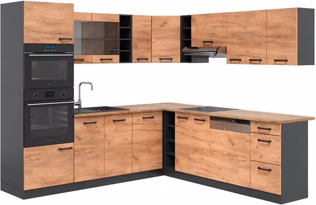Cucina angolare moderna Vicco R-Line in rovere e antracite L/P/H: 247 x 237 x 60 cm – 1