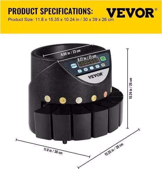 Vevor Macchina Conta Monete Nera con Serbatoio da 700 Monete e Capacità di 300 Monete al Minuto