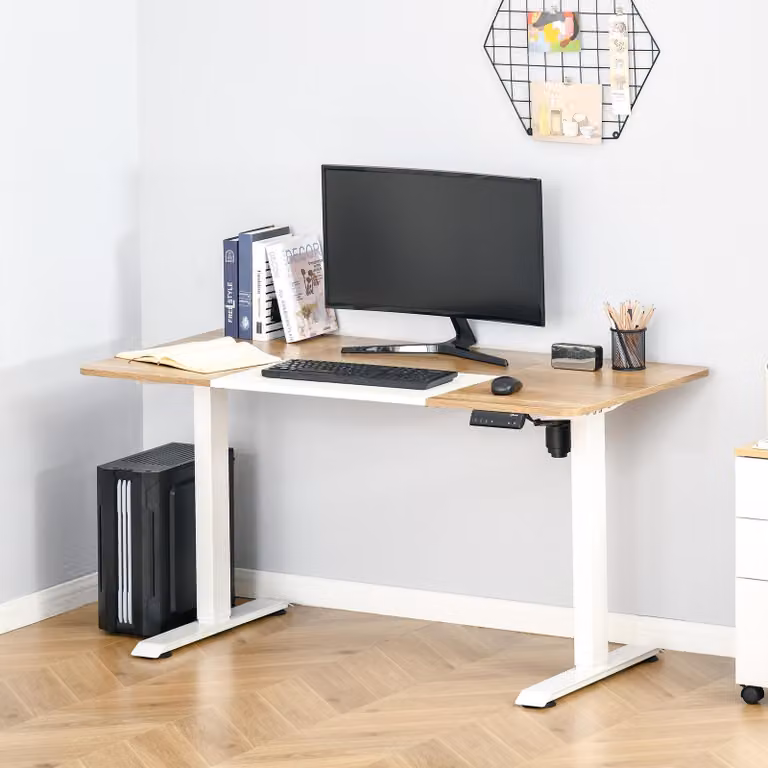 scrivania elettrica per computer okwish con guida per cavi e protezione contro il surriscaldamento, scrivania da lavoro regolabile in altezza con motore, natura+bianco