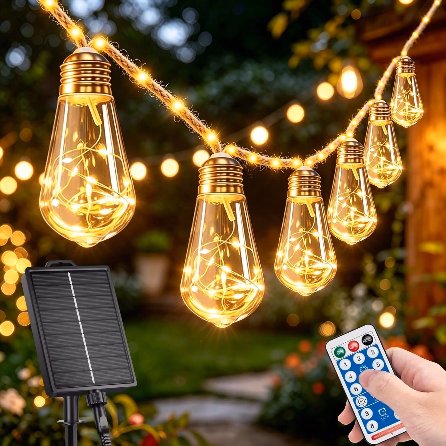 Catena di luci solari, 10 metri, 15 lampadine, corda di canapa vintage, luce bianco caldo, 56 LED