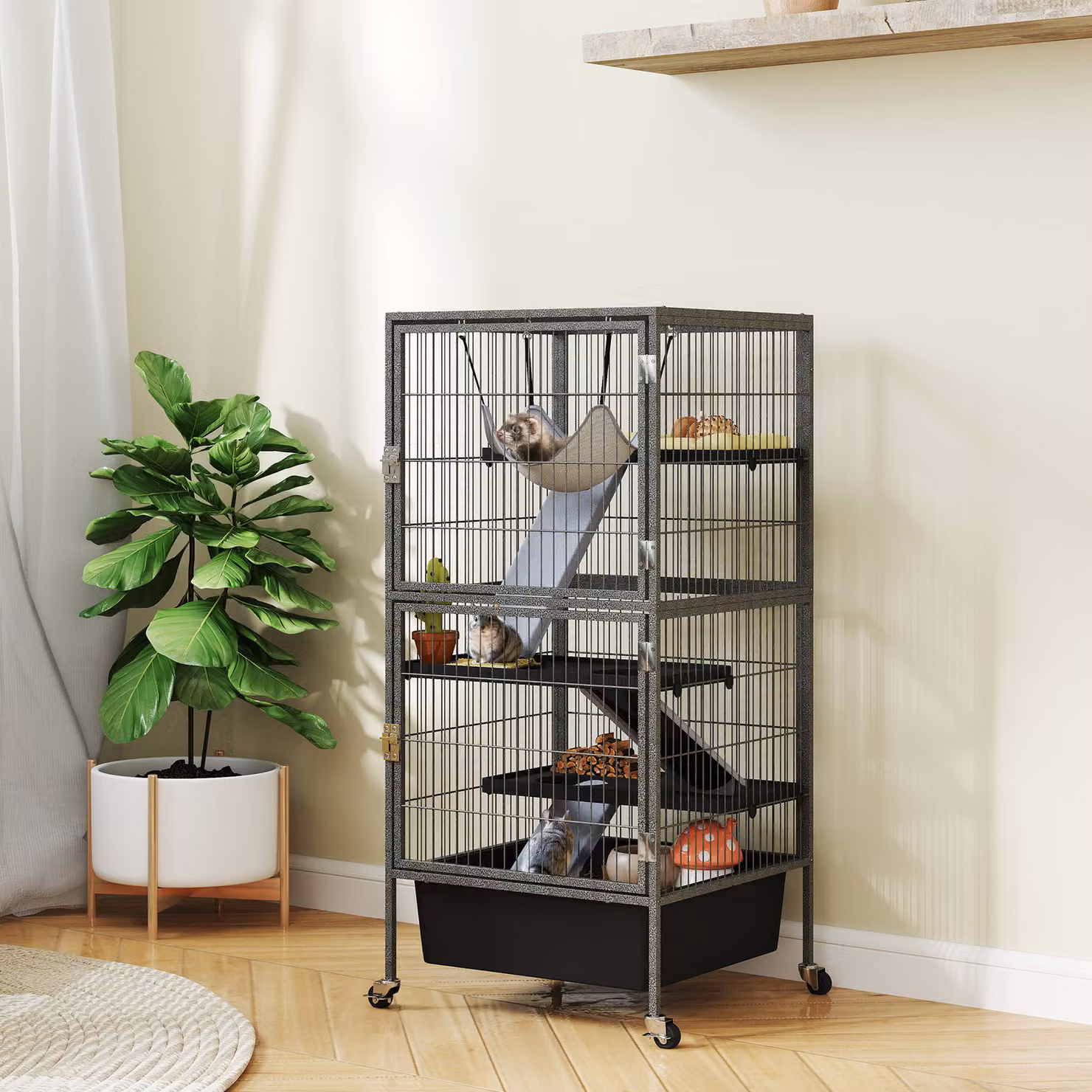 Gabbia per piccoli animali PawHut a 4 livelli con rampe, piattaforme, amaca e ruote, Grigio, H 115 x L 52 x P 52 cm – 2