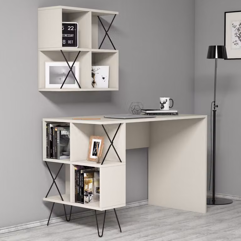 Skye Decor, scrivania di alta qualità con scaffale a parete, dimensioni 120 x 60 x 78,8 cm, realizzata in pannello di particelle rivestito in melamina al 100%, spessore 18 mm, disponibile nei colori crema e nero, design moderno e funzionale, con numerosi