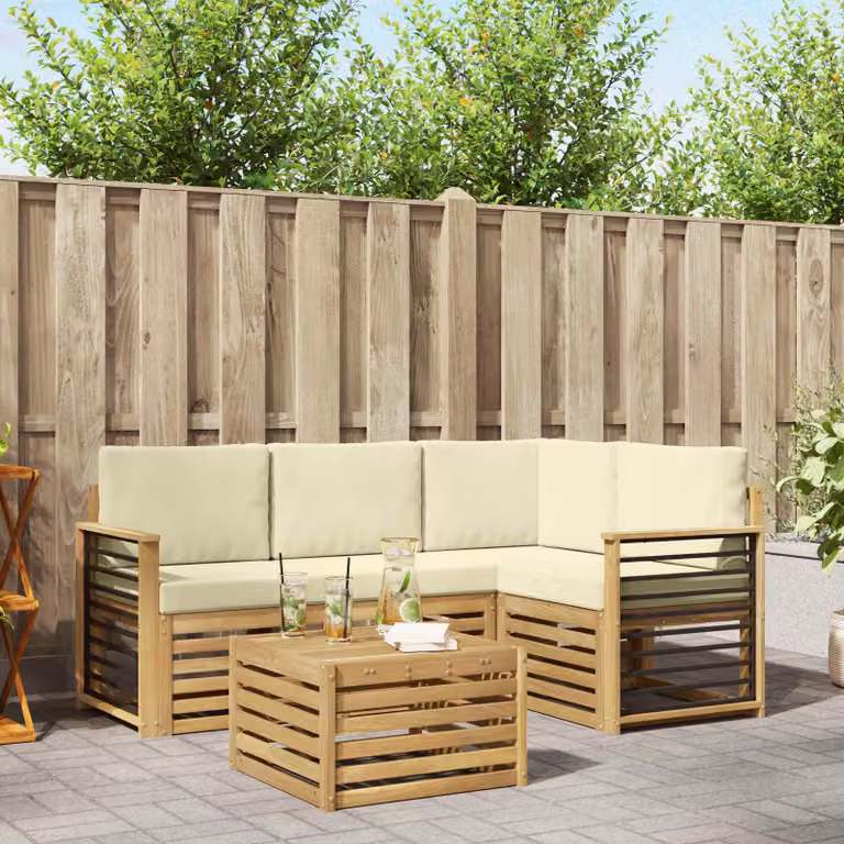 Set di divani da esterno a L vidaXL con tavolo da caffè, struttura in legno di acacia e cuscini inclusi, Bianco, Beige e Marrone