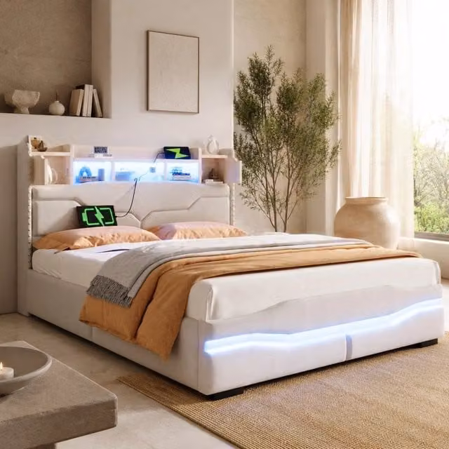 Letto imbottito beige 140x200 cm con sistema di stoccaggio idraulico, illuminazione LED e porte USB