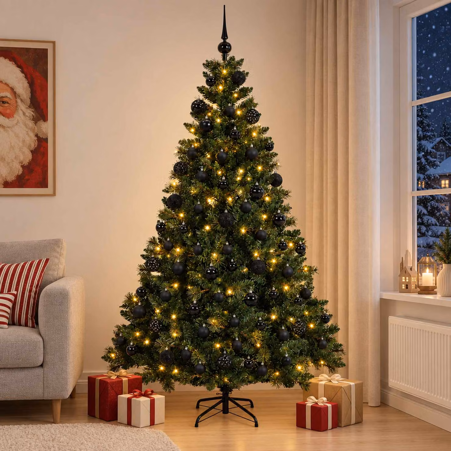 Albero di Natale artificiale verde vidaXL con 300 LED luce bianca calda e decorazioni, Altezza: 180 cm