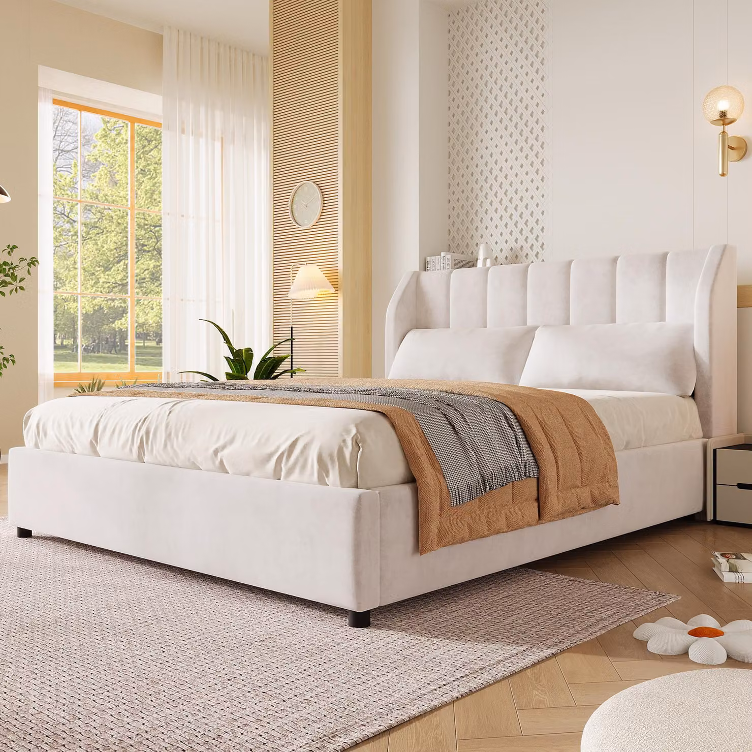 Letto a piattaforma 140x200, imbottito, rivestito in velluto, struttura robusta, rete a doghe (beige)