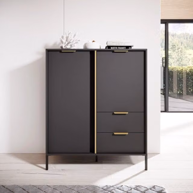 Madia Hameno DMORA con 2 cassetti, colore nero antracite e oro, L 103 cm x P 40 cm x H 123 cm – 1