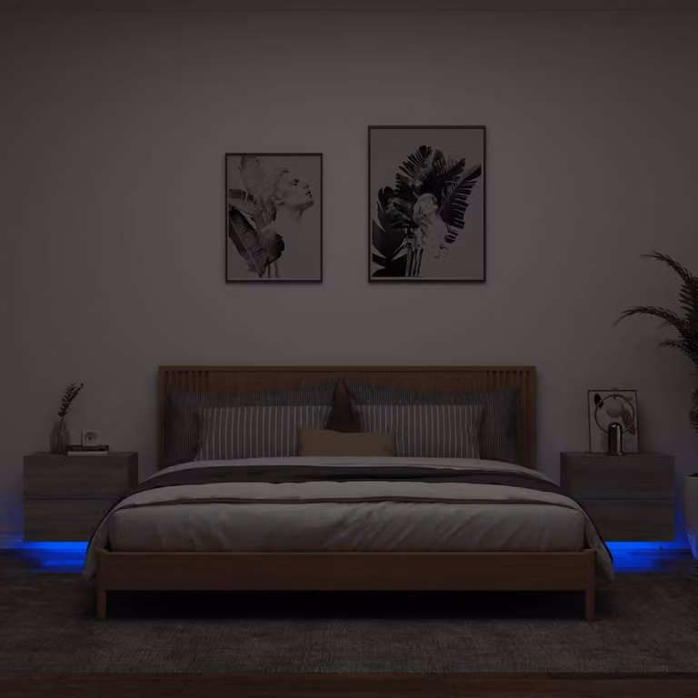 Set di 2 comodini da parete vidaXL con luci LED integrate, stile moderno, colore Grigio Sonoma