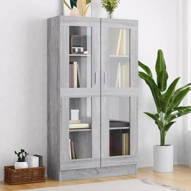 Mobile Vetrina vidaXL Grigio con Ante in Vetro e Ripiani Interni, L: 82,5 cm, P: 30,5 cm, H: 150 cm