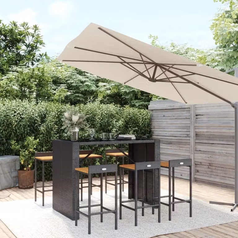 The Living Store Set bar da giardino 7 pezzi in poly rattan nero e legno massiccio di acacia