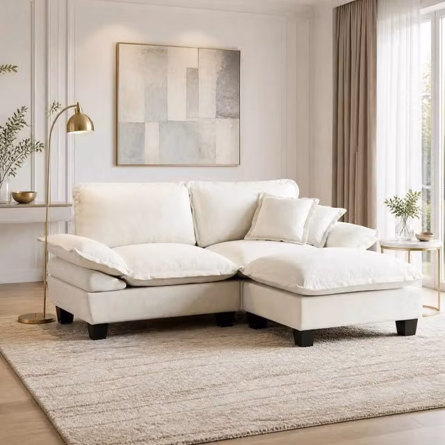 Divano angolare modulare cloud in chenille con pouf mobile e cuscini design ispirato a vela beige 194 × 151 × 90 cm