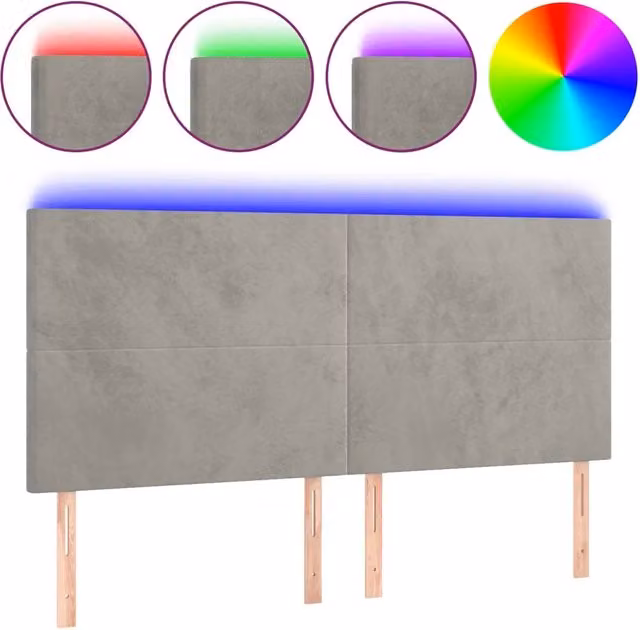 Testiera con illuminazione LED e porta di ricarica USB in velluto grigio chiaro L: 200 cm, P: 5 cm, H: 118/128 cm