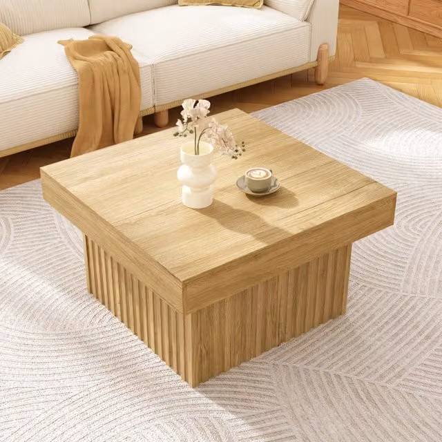 Tavolino basso quadrato con piano in truciolare e base in MDF facile da pulire per soggiorno naturale 79 × 79 × 46 cm