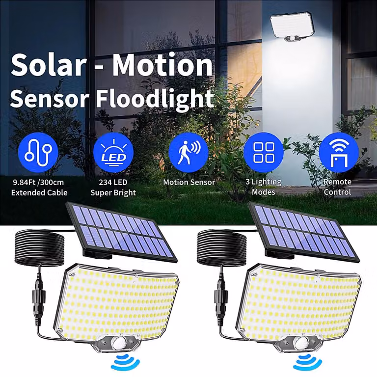 Lampada solare - Illuminazione esterna a LED - Confezione da 2 - Sensore di movimento - Telecomando - 3 modalità di illuminazione - Resistente all'acqua (IP65) - Ideale per garage e giardino