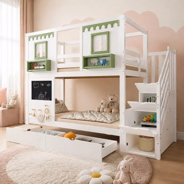 Letto a castello ULEVR 90x200 cm con armadio-scala, 2 cassetti, lavagnetta e pannello forato, bianco e verde