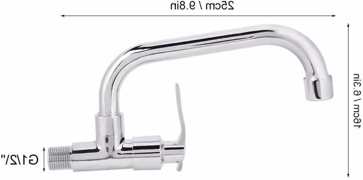 Rubinetto per acqua fredda, adatto per cucina e bagno, con corpo in ottone e tubo in acciaio inossidabile. Montaggio a parete, attacco singolo per acqua fredda, lunghezza 25 cm