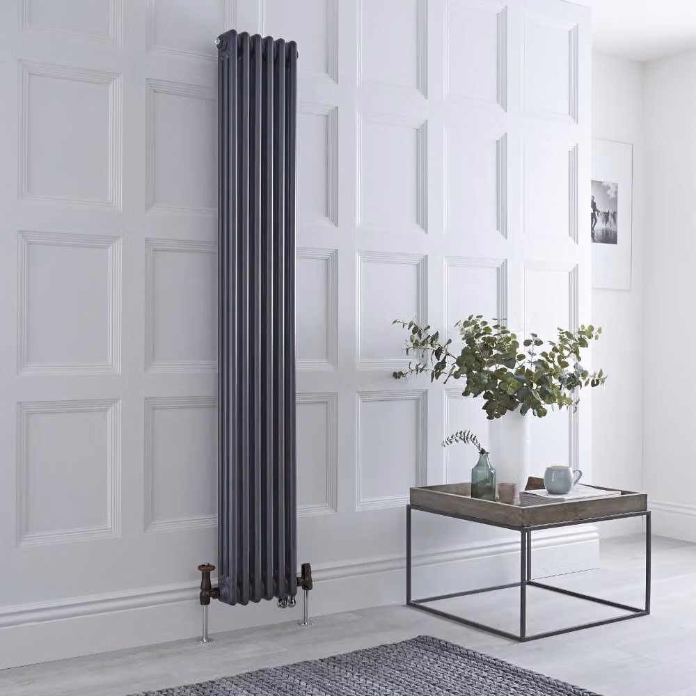 Radiatore Misto Verticale Antracite Triplo con Valvole in Ottone Anticato e senza Termostato - 1800mm x 200mm - Regent