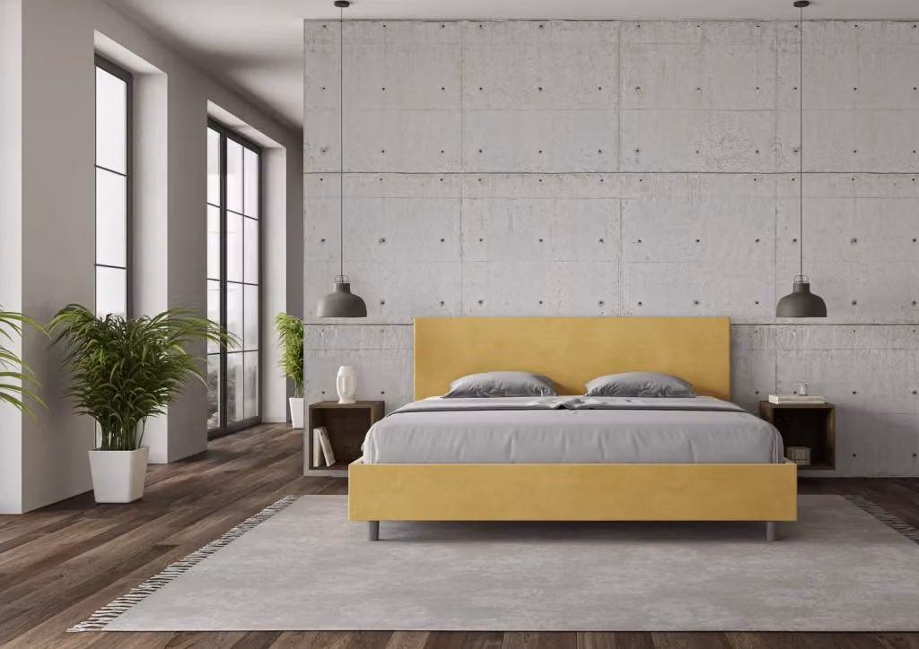 Letto matrimoniale king size BS COM con rete imbottita in microfibra, colore giallo, L: 222 cm, P: 212 cm, H: 106 cm – 2