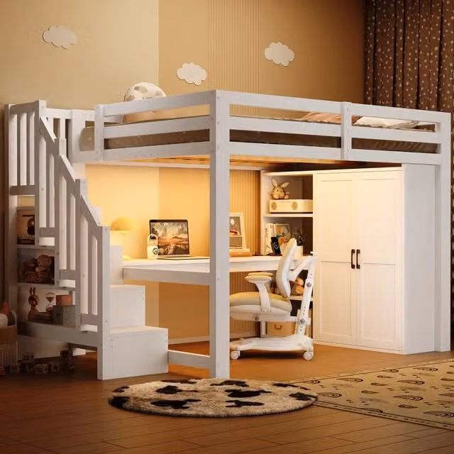 Letto a soppalco matrimoniale bianco con scrivania, armadio, scala contenitore, illuminazione LED e porta USB, L/P: 140 x 200 cm