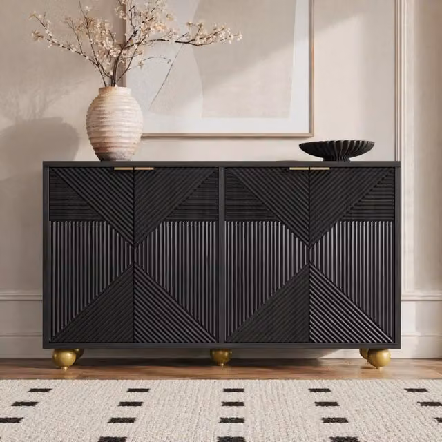 Credenza ULEVR 120x35x71,5 cm con 4 ante incise e ripiani interni regolabili, nera in MDF