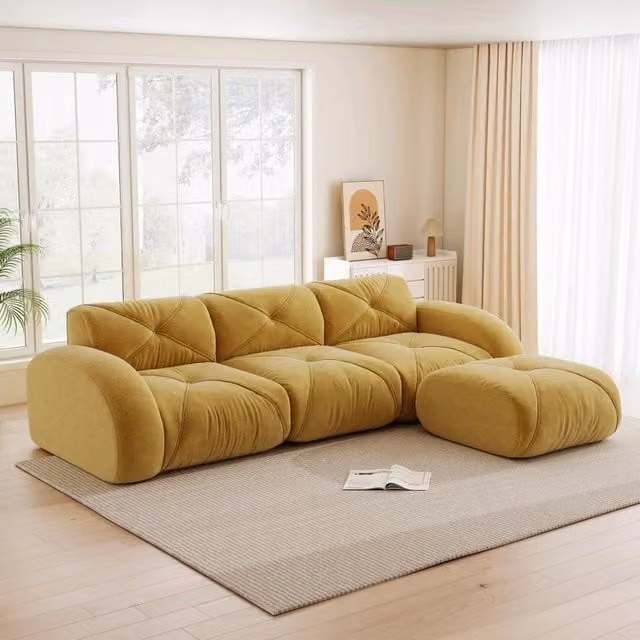 Divano angolare modulare FOLYNA in ciniglia giallo con schiuma 32D e base antiscivolo L/P/H: 281 x 171 x 76 cm