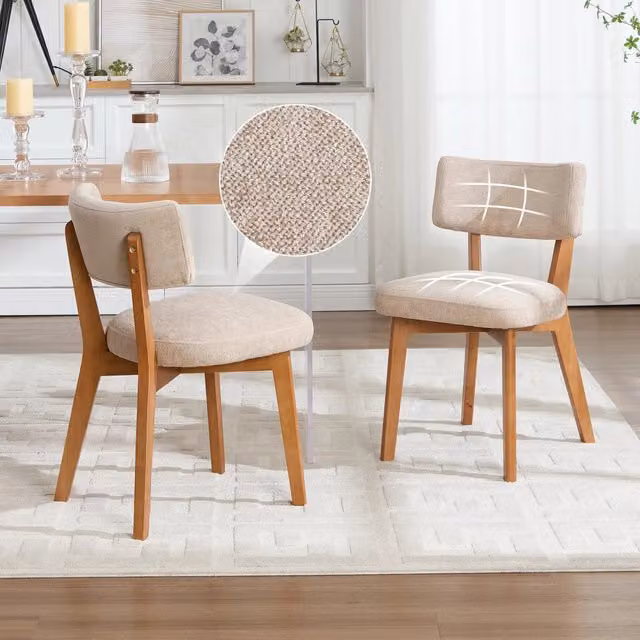 Set di 2 sedie da pranzo Zephmum in stile Mid-Century con gambe in legno massello e seduta imbottita in tessuto verde o beige, H 77 x L 46 x P 54,5 cm