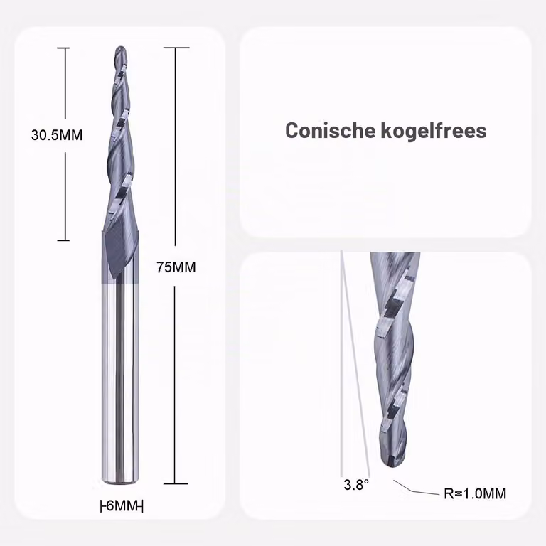 Fresatura conica senza inserti, CNC, albero da 6 mm, 2 taglienti, raggio di 1,0 mm, in metallo duro (carburo)