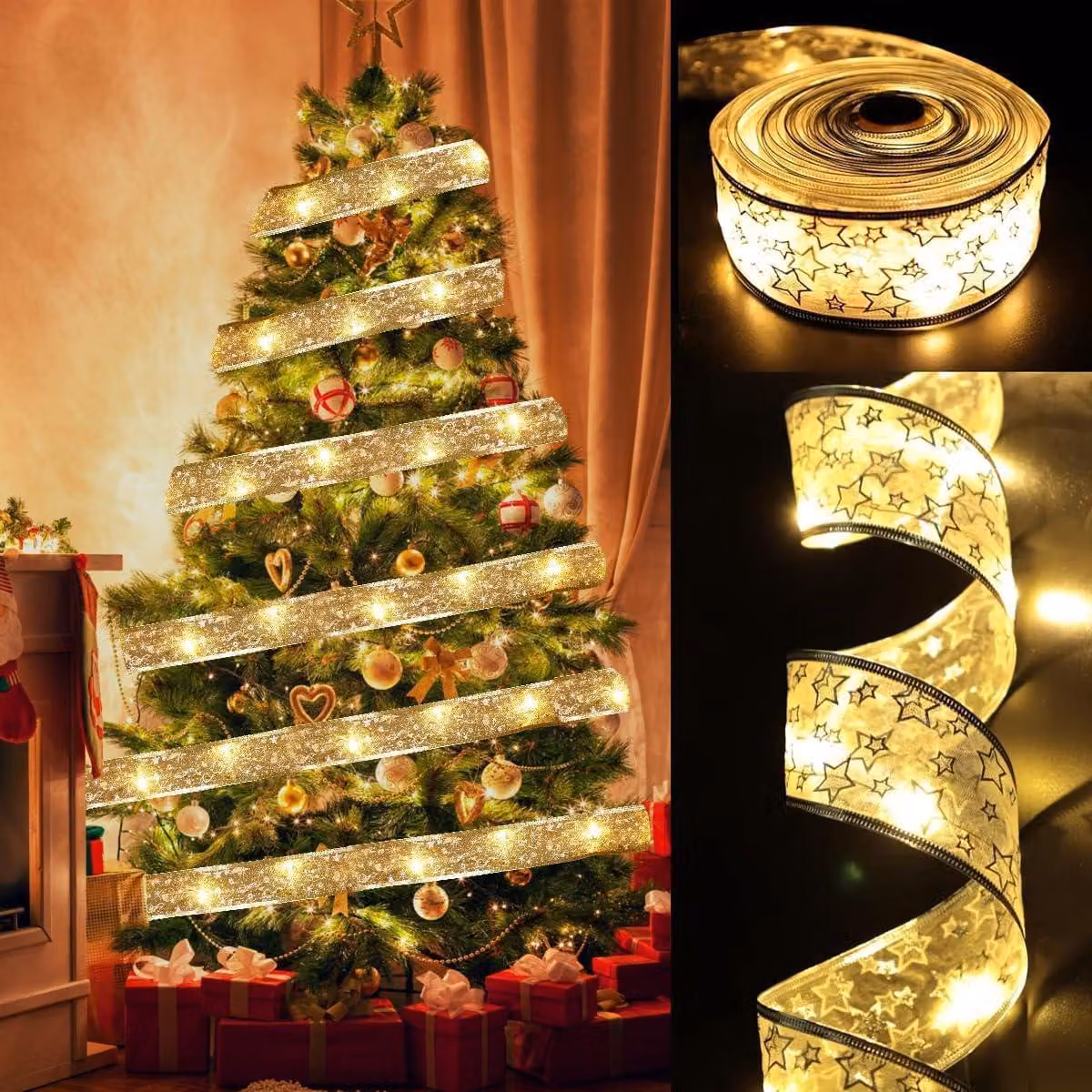 Catena luminosa da 10 metri, con 100 LED, luce bianco caldo, alimentata a batteria